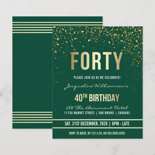 エメラルド |予算金ゴールド紙吹雪40th誕生日パーティー (正面/裏面)