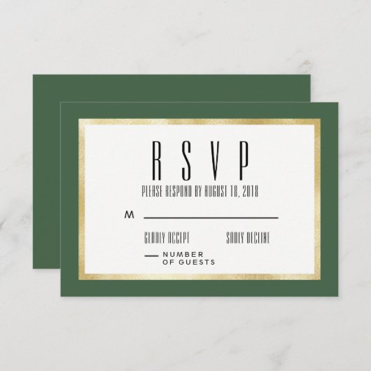 エメラルド+金ゴールドクラシックウェディング招待RSVPカード 出欠カード (正面/裏面)