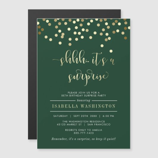 エメラルド&金ゴールド紙吹雪サプライズ誕生日パーティー マグネット招待状 (正面/裏面)