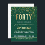 エメラルド |金ゴールド紙吹雪40th Birthdayパーティー インビテーションポストカード<br><div class="desc">エメラルド |金ゴールド紙吹雪40th誕生日パーティーはがき招待状。こフォーマルの、トレンディーエレガント、40歳のバースデモダンィーパーティーの招待は適して男性へいる。黄金のクリーンな線スタイリッシュ、大文字のゴシック様式の台本、およびエメラルドグリーンの背景にフェイクある洗練された金ゴールドフォイルの文字を含み、シャワー、きらめく金ゴールド紙吹雪およびパーティーストリーマーのシャワーを含むきらめく。</div>