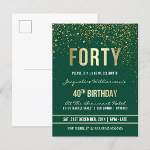 エメラルド 金ゴールド紙吹雪40th Birthdayパーティー インビテーションポストカード
