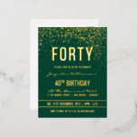 エメラルド |金ゴールド紙吹雪40th Birthdayパーティー 箔招待状ポストカード<br><div class="desc">エメラルド |金ゴールド紙吹雪40th誕生日パーティー箔はがき招待状。こフォーマルの、トレンディーエレガント、40歳のバースデモダンィーパーティーの招待は適して男性へいる。黄金のクリーンなラインスタイリッシュ、上部ケースのゴシック様式のスクリプト、およびエメラルドグリーンの背景の洗練された金ゴールドフォイルの文字で構成さきらめくれ、シャワー、きらめく金ゴールド紙吹雪とパーティーストリーマーのシャワー。</div>