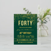 エメラルド |金ゴールド紙吹雪40th Birthdayパーティー 箔招待状ポストカード (立ち正面)