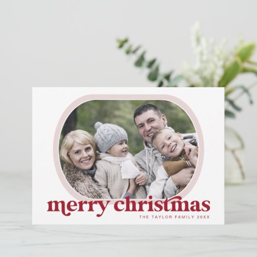 エメリーレッドピンクファミリーフォトシンプルクリスマスメリークリスマス シーズンカード (スタンド正面)