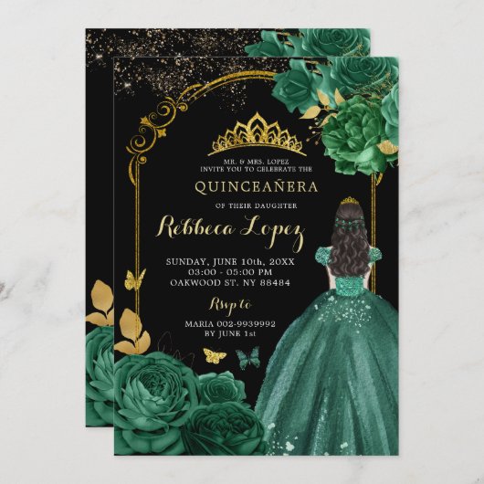 エメ王室のラルドグリーンブラックガールズキンセアニラ 招待状 (正面/裏面)