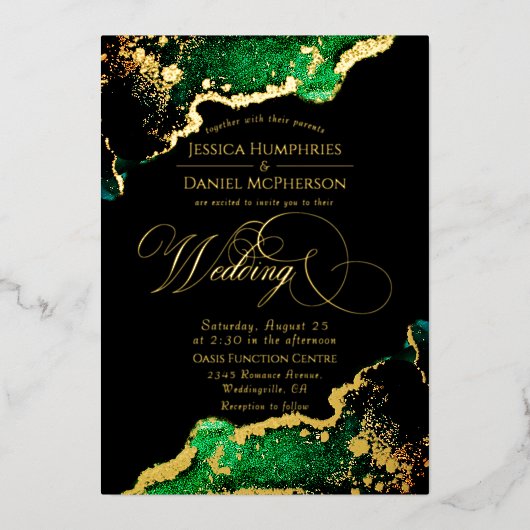 エメ素晴らしラルド結婚ブロンズ金ゴールド 箔招待状 (正面)