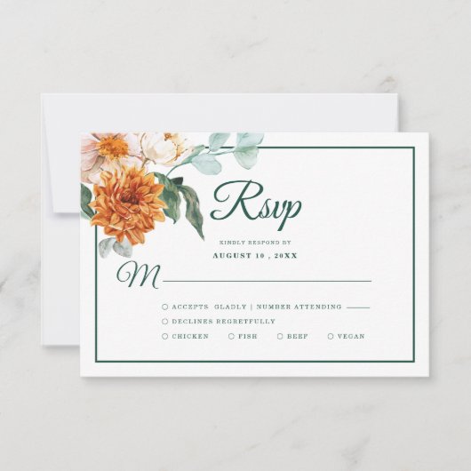 エメ素朴ラルドエレガントグリーンフローラ秋の結婚式 出欠カード (正面)