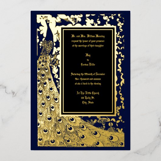 エラエレガントービクトリアンアールヌーボーピーコッ結婚ク 箔招待状 (正面)