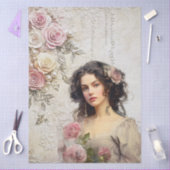 エラエレガントービクトリアンレディーピンクローズ&レース 薄葉紙 (クラフト)