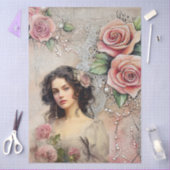 エラエレガントービクトリアンレディーピンクローズ&レース 薄葉紙 (クラフト)