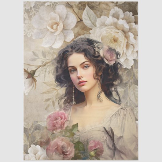 エラエレガントービクトリアンレディーホワイト&ピンク花模様 薄葉紙 (正面)