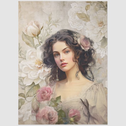 エラエレガントービクトリアンレディーホワイト&ピンク花模様 薄葉紙 (正面)