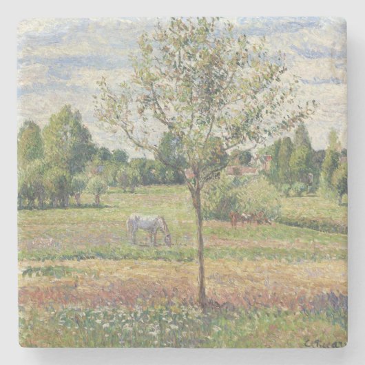 エラニーにある灰色の馬のいる牧草地 油絵 ストーンコースター (正面)