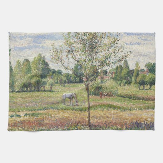 エラニーの灰色の馬のいる牧草地 油絵 キッチンタオル (横)
