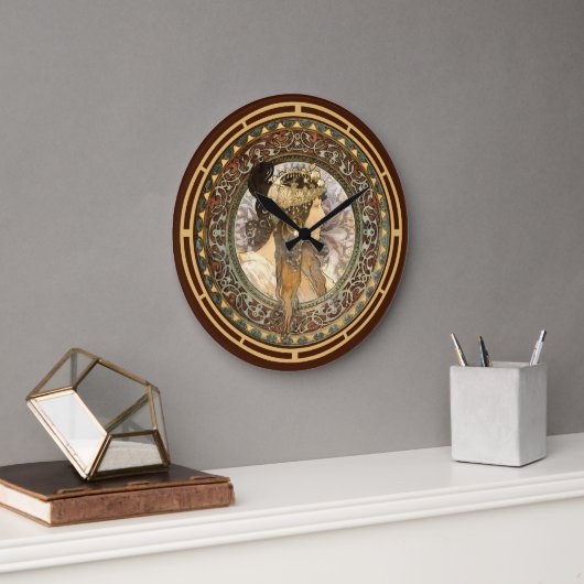 エラビクトリアンーアールヌーボーブルネットウーマンバイミュシャ ラージ壁時計 (オフィス)