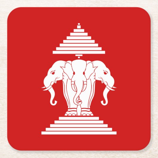 エラワン三頭ゾウラオス国旗 スクエアペーパーコースター (正面)