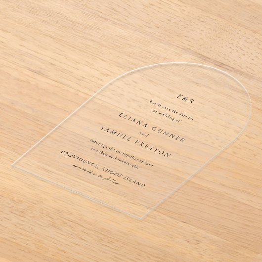 エリアナモノグラムクラシックの結婚式の日付を保存 アクリル招待状 (レイダウン)