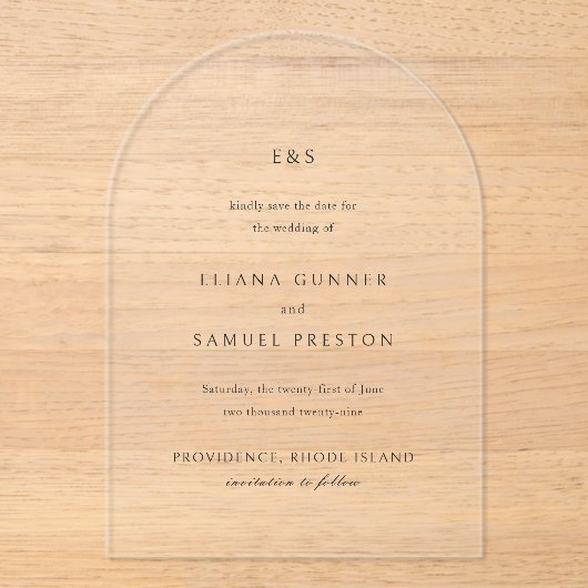 エリアナモノグラムクラシックの結婚式の日付を保存 アクリル招待状 (正面)