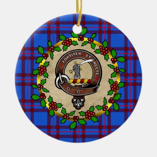 エリオットクランバッジとタータンチェックパーソナライズされたクリスマス セラミックオーナメント (正面)