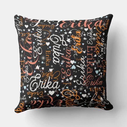 エリカ名前をカスタムする、かわいいハートとスターズブラック クッション (裏面)