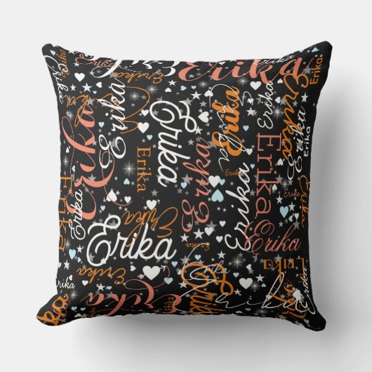 エリカ名前をカスタムする、かわいいハートとスターズブラック クッション (正面)