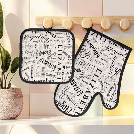 エリザベス白黒名前をカスタムする 鍋つかみ&鍋敷きセット