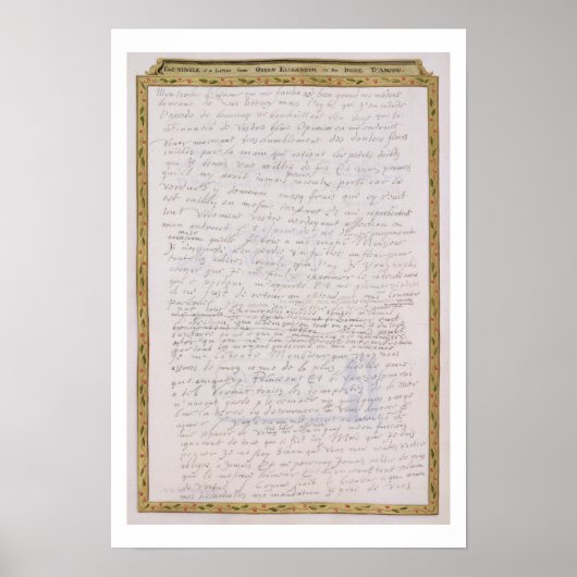 エリザベス1世からフランソワへの手紙のファクシミリ ポスター (正面)