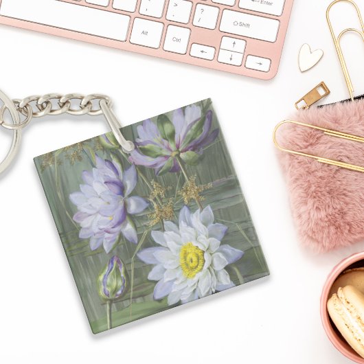 エリスローワンブルーホワイトウォーターリリーヴィンテージ花 キーホルダー