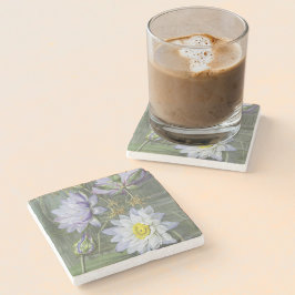 エリスローワンブルーホワイトウォーターリリーヴィンテージ花 ストーンコースター