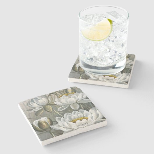 エリスローワンホワイトウォーターリリーヴィンテージ花 ストーンコースター (横)