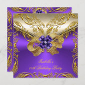 エリッエレガントトパープルフローラ金ゴールド誕生日パーティー2 招待状 (正面/裏面)