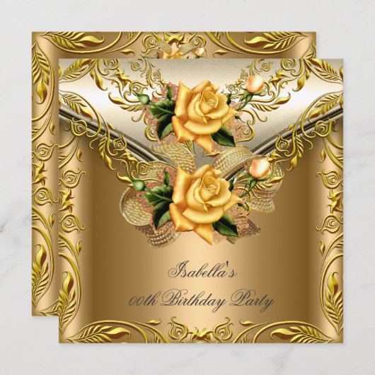 エリッエレガントトブロンズ金ゴールドバラ誕生日パーティー2 招待状 (正面/裏面)
