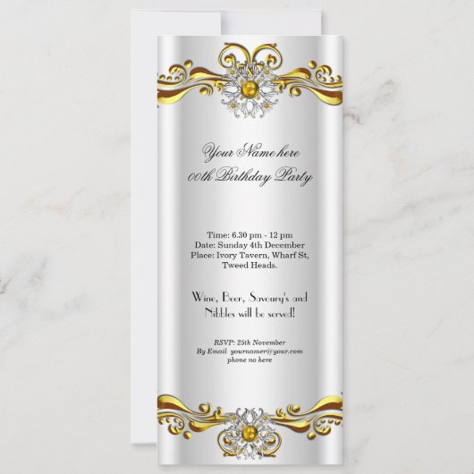 エリッエレガントトホワイトジュエル金ゴールド誕生日パーティー 招待状 (裏面)