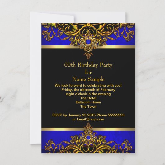 エリッエレガントト王室のブルー金ゴールドブラック誕生日 招待状 (裏面)