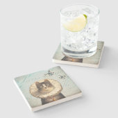 エリマキシギのつばおよび蝶を持つヴィンテージ猫 ストーンコースター (横)