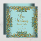 エリートエレガントなウェディング華美ブルーセット金ゴールド 招待状 (正面/裏面)