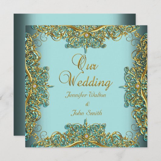 エリートエレガントなウェディング華美ブルーセット金ゴールド 招待状 (正面/裏面)