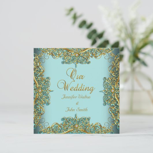 エリートエレガントなウェディング華美ブルーセット金ゴールド 招待状 (スタンド正面)