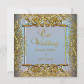 エリートエレガントウェディングブルーセットベージュ金ゴールド 招待状 (正面)