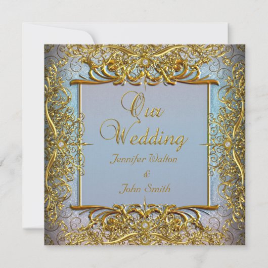 エリートエレガントウェディングブルーセットベージュ金ゴールド 招待状 (正面)