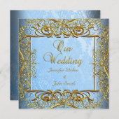 エリートエレガントウェディングブルーセット金ゴールド 招待状 (正面/裏面)