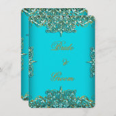 エリートエレガントウェディング華美ティール(緑がかった色)ブルー金ゴールド 招待状 (正面/裏面)