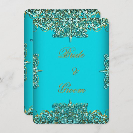 エリートエレガントウェディング華美ティール（緑がかった色）ブルー金ゴールド 招待状 (正面/裏面)