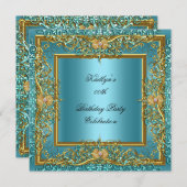 エリートエレガントティール（緑がかった色）金ゴールドオン金ゴールド誕生日パーティー 招待状 (正面/裏面)