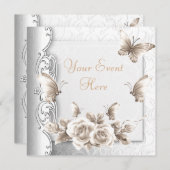 エリートエレガントバースデーパーティベージュホワイトフラワーズ 招待状 (正面/裏面)