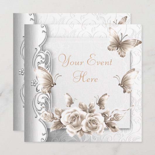 エリートエレガントバースデーパーティベージュホワイトフラワーズ 招待状