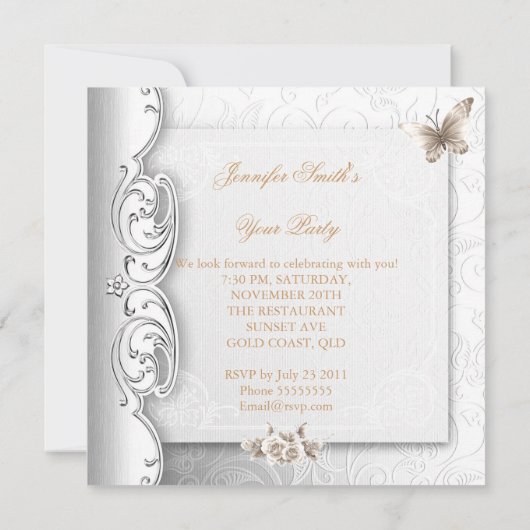 エリートエレガントバースデーパーティベージュホワイトフラワーズ 招待状 (裏面)