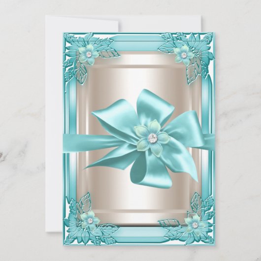 エリートエレガントバースデーパーティーティール(緑がかった色)クリームボウ2 招待状 (裏面)