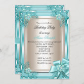 エリートエレガントバースデーパーティーティール(緑がかった色)クリームボウ2 招待状 (正面/裏面)