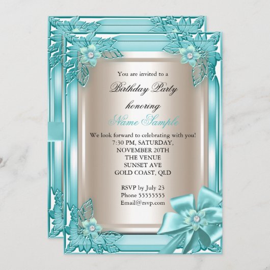 エリートエレガントバースデーパーティーティール(緑がかった色)クリームボウ2 招待状 (正面/裏面)